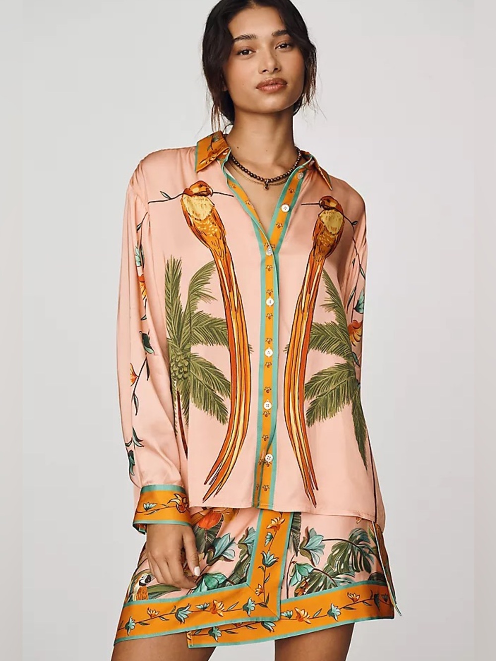 FARM Rio Peach Tropical Parrot-Print Button-Down Shirt